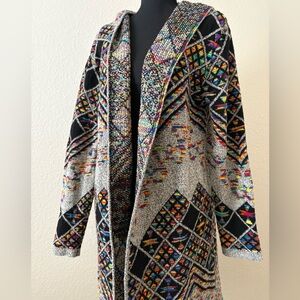 Rainbow Geometric Southwest Knit Open Cardigan 2X Crocheted Hooded Long Sweater